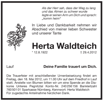 Traueranzeige von Herta Waldteich von Pegnitz-Zeitung